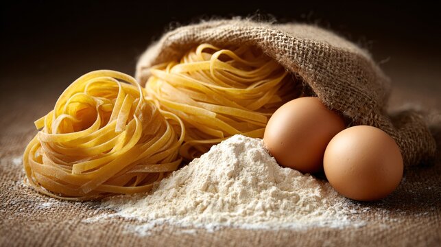 A rustic composition: uncooked pasta on burlap, eggs, and flour - Powered by Adobe