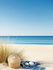 Obraz premium A tranquil beach scene with a basket, seashells, and a blanket, inviting relaxation and serenity