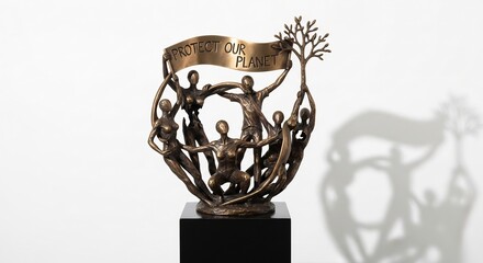 A bronze sculpture shows several figures holding a banner that reads PROTECT OUR PLANET atop a black pedestal