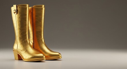 Luxurious golden boots, crafted with elegant design, standing prominently on a clean surface. Represents success, prestige, and premium quality ,beautiful ,sparkling ,chic