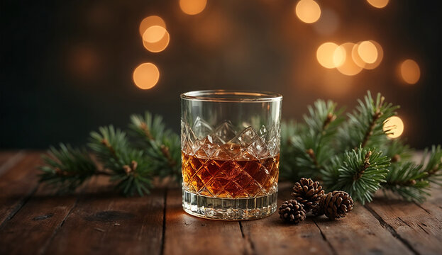 A glass of whiskey on a wooden table with fir branches and pinecones againts bokeh background.