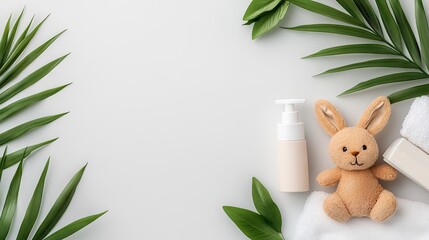 Gentle baby care essentials laid out with soft toys and fresh towels in a serene, minimalist setting perfect for nurturing moments