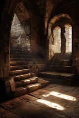 Fototapeta premium Ancient stone staircase with sunlight streaming through arched windows