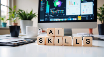 AI skills visual for corporate upskilling programs and training hubs, featuring data dashboards on screen to support presentations about building machine learning capabilities for staff