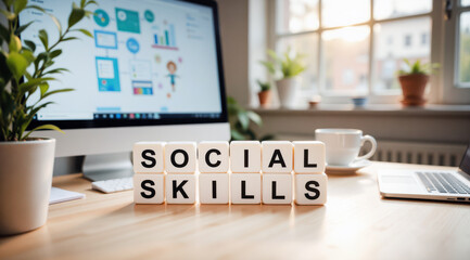 Hybrid team communication skills scene with social skills headline by screen ideal for promoting empathy based e-learning platforms and collaboration training across distributed teams