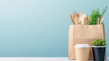 Obraz premium Eco-friendly food containers, cutlery, and a bag on a white table with a light blue wall, showcasing sustainable dining for take-out