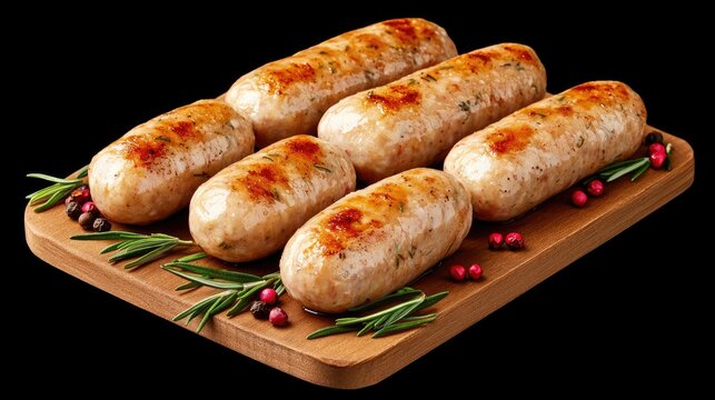 Enjoy raw chicken sausages on a wooden board with rosemary and pink peppercorns, set against a bold black backdrop