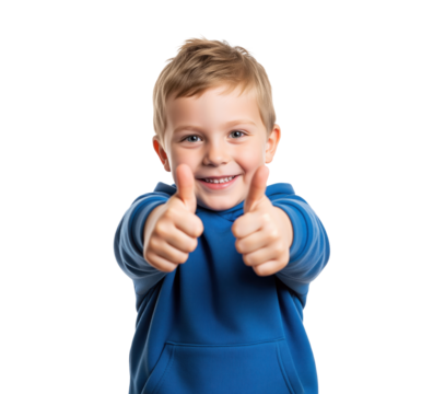 Kid approval stamp supporting family products featuring enthusiastic boy giving double thumbs up, ideal image for testimonials pages and product review sections focused on child friendly services