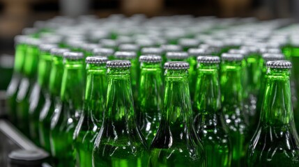 At a busy beer bottling plant, green bottles are neatly aligned on a conveyor belt, ready for filling. Workers efficiently oversee the production, ensuring quality control and swift operation