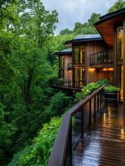 A sleek, modern wooden house nestled in a lush green forest, showcasing sustainable architecture and natural beauty