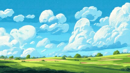 Obraz premium Serene Landscape Featuring Lush Green Fields and Expansive Sky with Fluffy Clouds in a Bright Daytime Setting