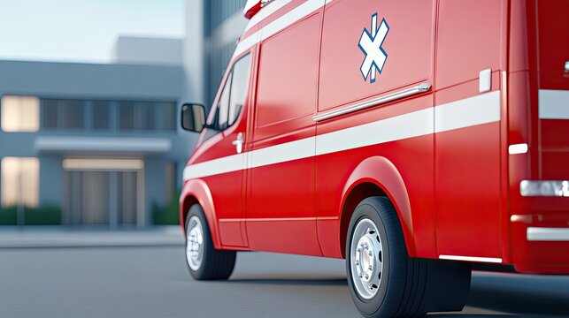 A red ambulance stands ready outside a bustling hospital entrance under bright daylight, showcasing detailed medical symbols