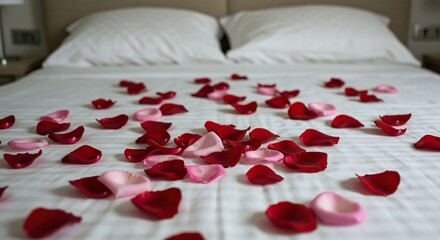 Luxurious white bedding scattered with vibrant red and pink rose petals for a romantic gesture or celebration of love ,tranquil ,wedding ,resort