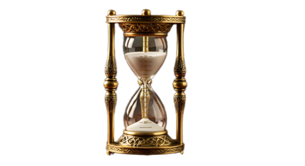 Close up of a golden ornate hourglass with white sand against a black background in the studio