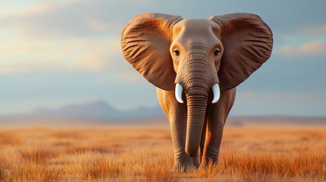 Majestic elephant stands gracefully in the African savannah during golden hour, showcasing its strength and gentle spirit in stunning detail