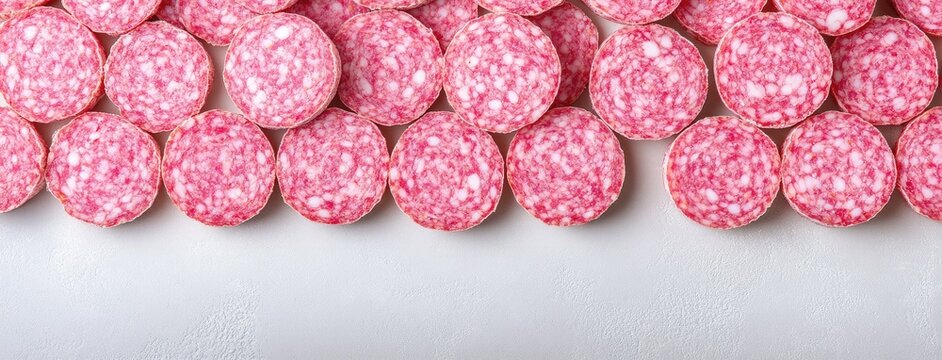 Deliciously arranged sliced salami on a white background showcasing the vibrant colors and textures for culinary inspiration - Powered by Adobe