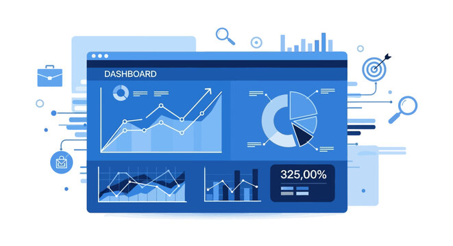 An analytical business dashboard interface featuring financial charts and statistical graphs for data visualization and performance reporting vector illustration