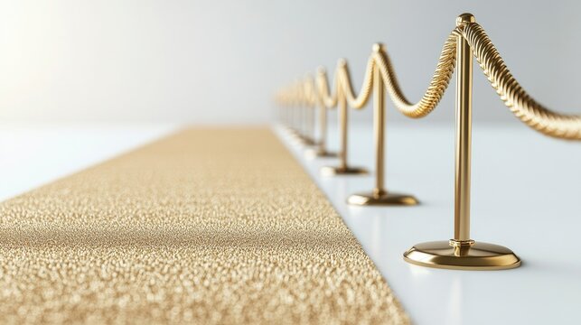 A striking 3D visual of a luxurious red carpet lined with golden ropes against a pristine white backdrop inviting guests to a prestigious event