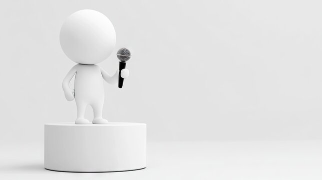 A simple human figure confidently addressing an audience from behind a podium with a microphone, set against a clean white backdrop