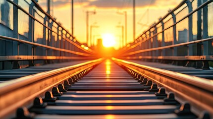 A silver bullet train glides along elevated tracks beneath a breathtaking sunset, capturing the essence of travel and beauty at golden hour