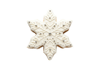 Fototapeta premium Elegant Snowflake Cookie with White Icing and Silver Sprinkles, Isolated on White
