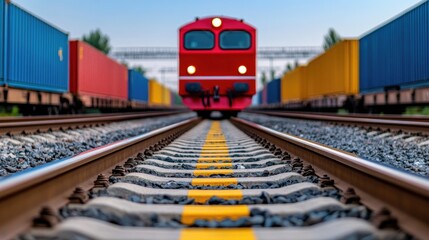 Obraz premium A vibrant red cargo train rests on the tracks in an industrial railway yard under midday light amidst colorful shipping containers