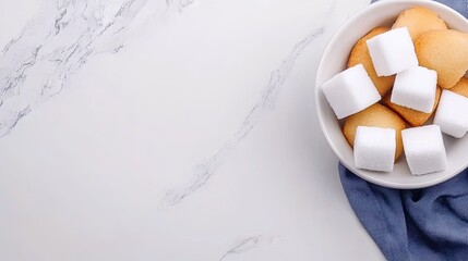 Delightful sugar cubes and delectable white cakes showcased in an elegant bowl on a marble background