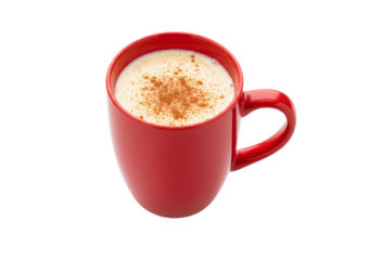 Creamy Hot Beverage with Cinnamon in Red Mug, Isolated on White Background