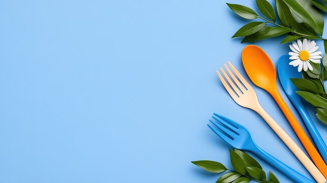 A vibrant display of colorful plastic cutlery arranged artistically with botanical elements on a bright background for a playful dining experience