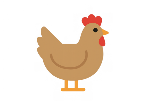Brown chicken illustration with red comb and wattle, transparent background, simple cartoon hen symbol