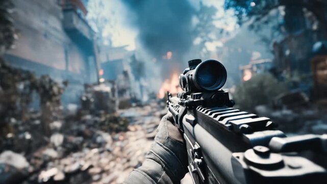 First-person view of an assault rifle with scope in a war-torn environment
