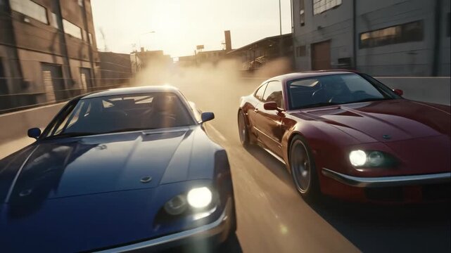 Two vintage sports cars in a high-speed race on an urban highway. A blue and red classic automobile in a cinematic driving competition at sunset. Automotive action and rivalry concept