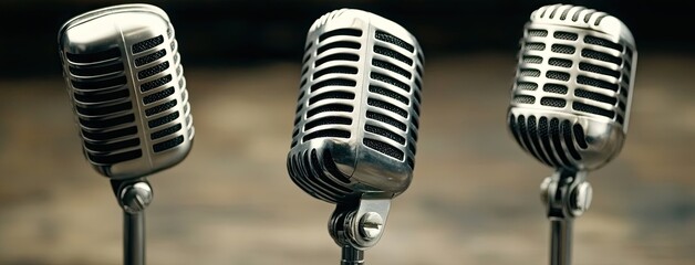 A vibrant collection of retro microphones set on a table against a soft pastel background ideal for vintage-themed projects