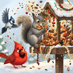 A curious squirrel feasts on a winter bird feeder while a cardinal looks on and a blue jay flies by.