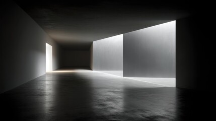 Modern abstract interior with contrasting light and shadow, showcasing minimalistic design in a spacious and open environment, perfect for architectural themes
