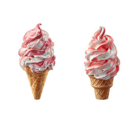 Two strawberry swirl ice cream cones against a stark shot on transparent background