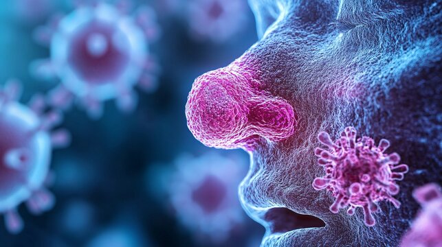 An abstract, microscopic rendering features cellular structures that could represent viruses or cells. The imagery evokes scientific concepts related to infections and disease, set against a backdrop.