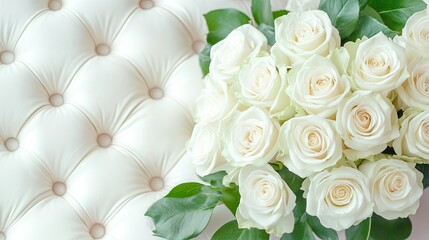 Elegant white rose bouquet on luxurious chair, celebrating love and joy for a wedding