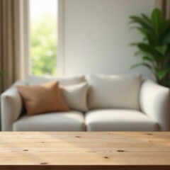 Clean wooden tabletop, soft living room backdrop Perfect for product photography montage , element, room