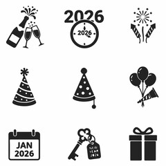 Get Ready to Celebrate New Year's 2026 with Festive Party Icons Featuring Champagne, Fireworks, and Gifts, Perfect for Invitations and Event Designs