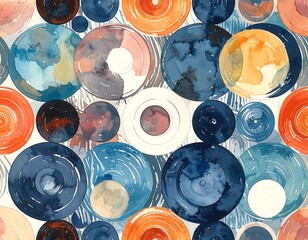 Colorful, abstract watercolor pattern of overlapping concentric circles in various sizes and shades