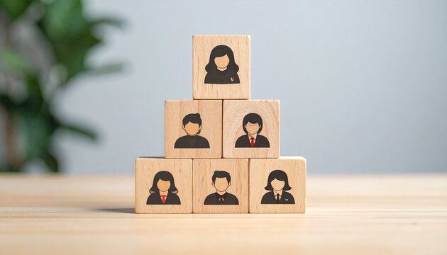Six-block pyramid with business icons, light background and blurred green plant.