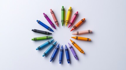 Colorful crayons arranged in an octagon formation, showcasing artistic tools and creative expression on a white background