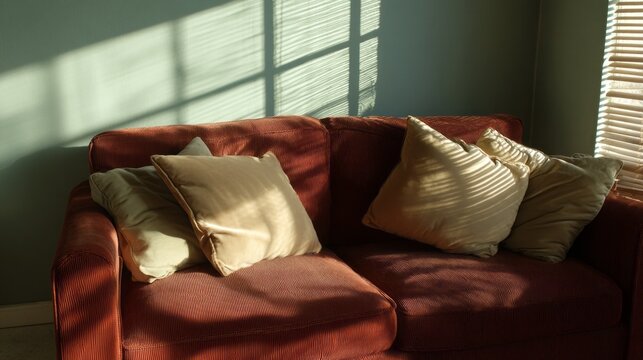 Sunlight filters through window blinds, creating playful shadows on a brown corduroy sofa. The soft beige pillows add comfort, making this a perfect relaxing spot in a tranquil setting
