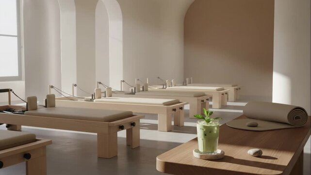 A modern minimalist pilates studio with reformer machines. Healthy lifestyle and wellness concept with a post-workout drink. 3D rendered animation