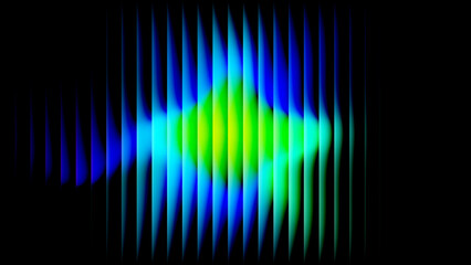 Abstract vibrant colorful vertical bar pattern with luminous central glow on dark background