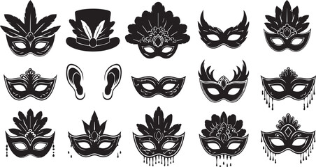 Collection of black vector silhouettes of elegant Mardi Gras carnival masquerade masks and theatrical elements