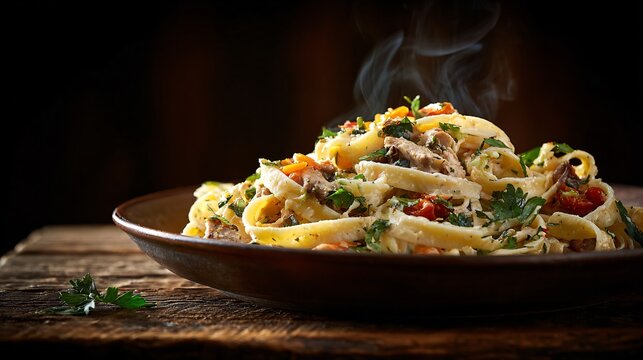A warm pasta dish on reclaimed wood table, dim moody atmosphere