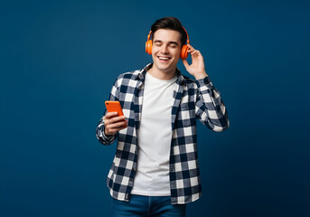 Young smiling happy satisfied man wear shirt white t-shirt casual clothes listen to music in headphones use mobile cell phone isolated on plain blue cyan background studio portrait. Lifestyle concept