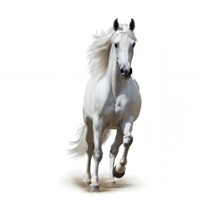 Majestic white stallion gallops powerfully with flowing mane against a clean white backdrop, embodying grace and freedom.